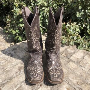 ROPER Womens Belle Metallic Square Toe Western Cowboy Boots Distressed Brown 10
